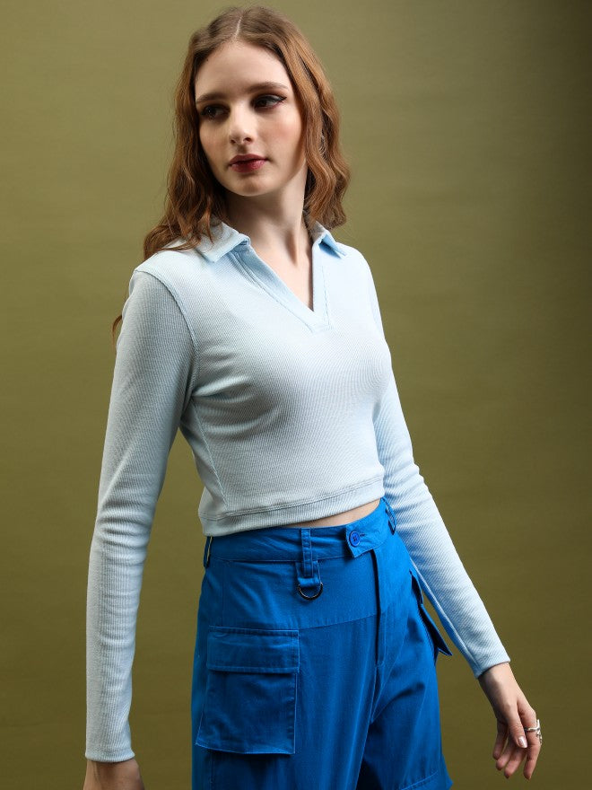 Tokyo Talkies Women Blue Solid Shirt Style Top - Blue - Image 6