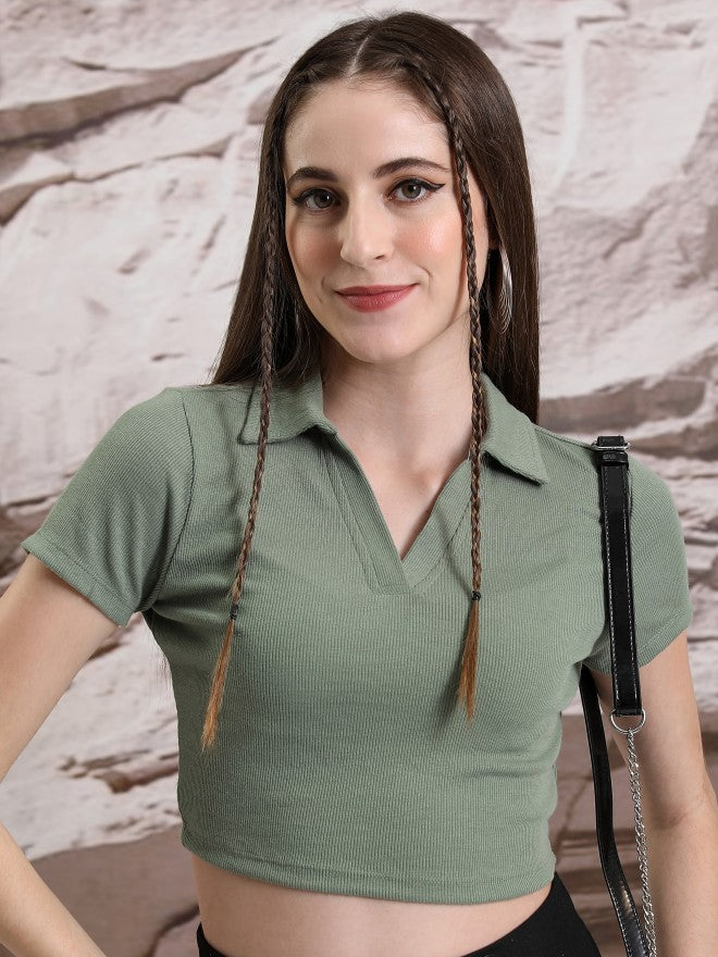 Tokyo Talkies Women Olive Solid Fitted Top - Olive - Image 1