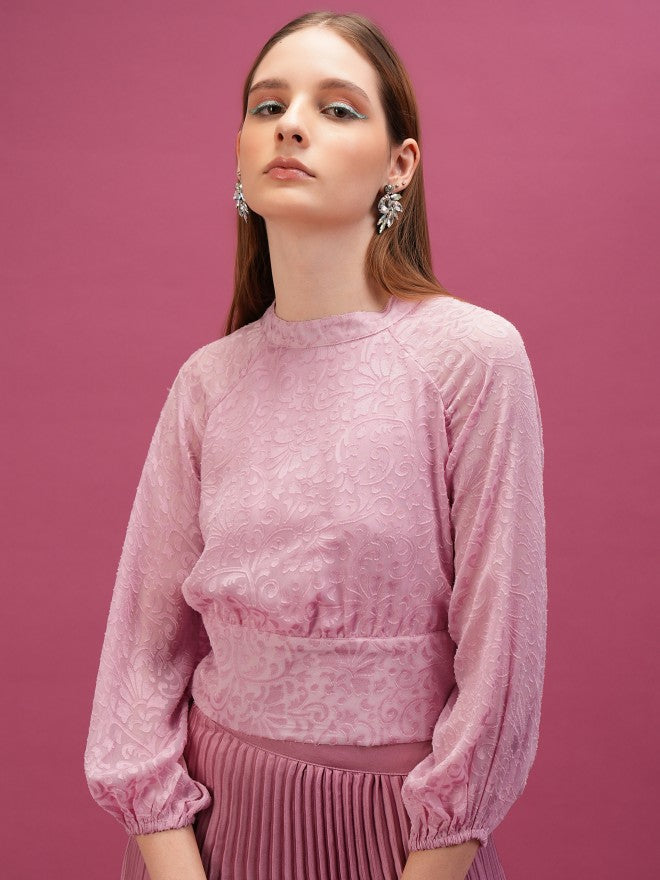 Tokyo Talkies Women Pink Self Design Regular Top - Pink - Image 1