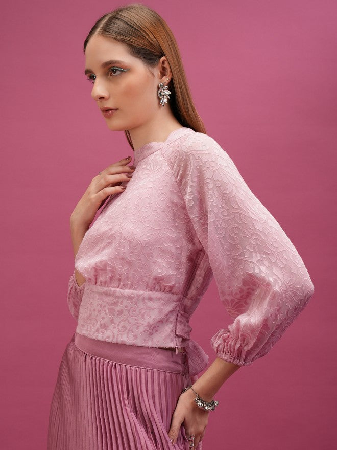 Tokyo Talkies Women Pink Self Design Regular Top - Pink - Image 4