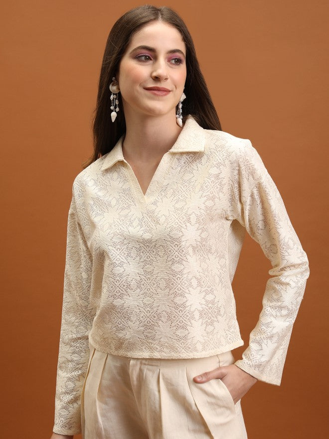 Tokyo Talkies Women Off White Self Design Regular Top - Off White - Image 1