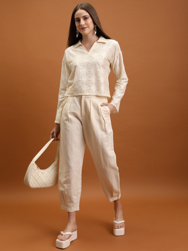 Tokyo Talkies Women Off White Self Design Regular Top - Off White - Image 2
