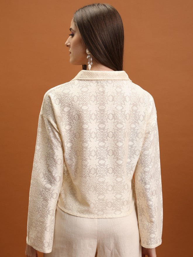Tokyo Talkies Women Off White Self Design Regular Top - Off White - Image 3