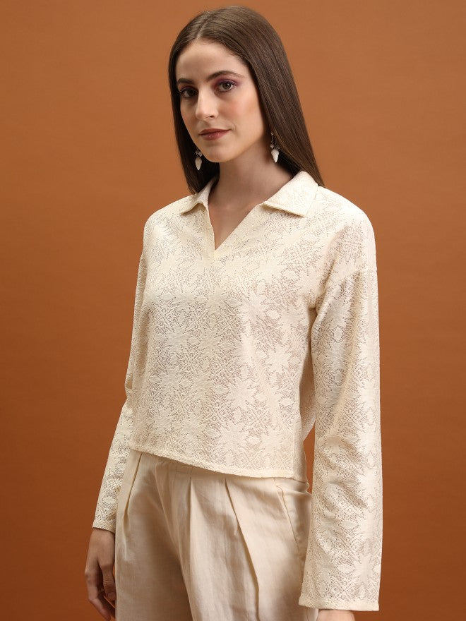Tokyo Talkies Women Off White Self Design Regular Top - Off White - Image 4