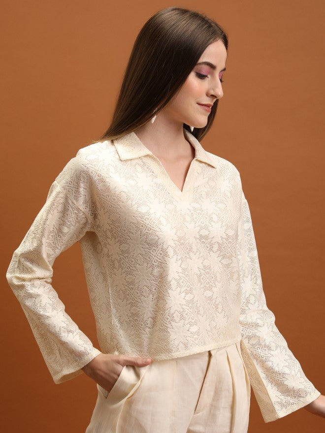 Tokyo Talkies Women Off White Self Design Regular Top - Off White - Image 6
