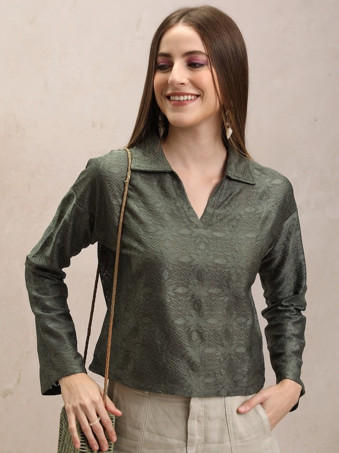 Tokyo Talkies Women Olive Self Design Regular Top - Olive - Image 1