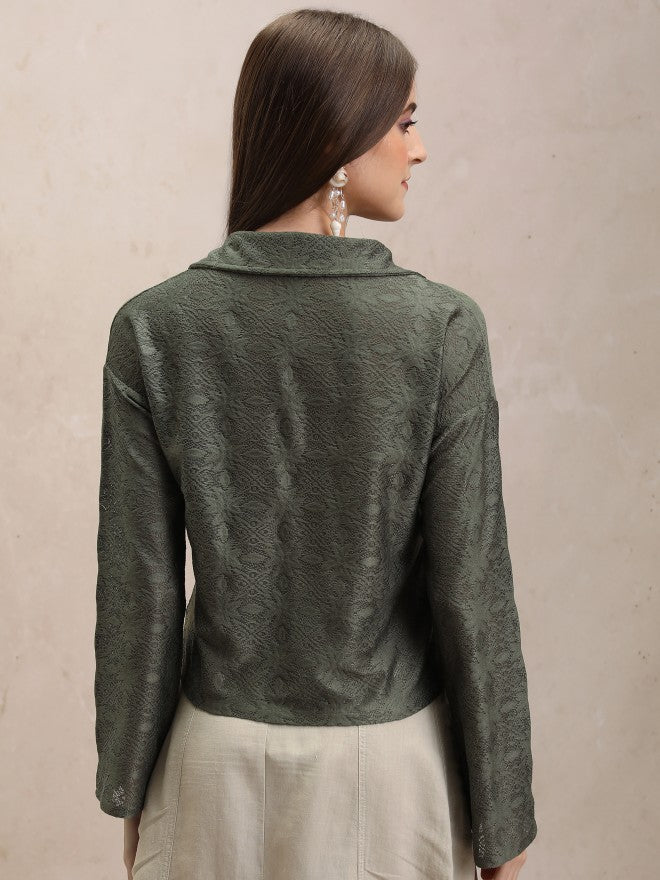 Tokyo Talkies Women Olive Self Design Regular Top - Olive - Image 3