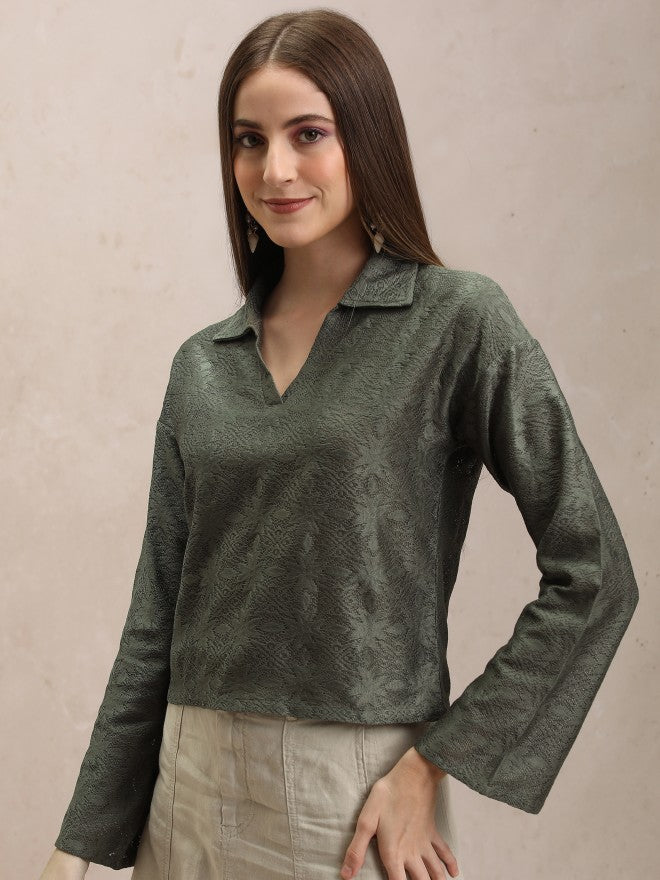 Tokyo Talkies Women Olive Self Design Regular Top - Olive - Image 4