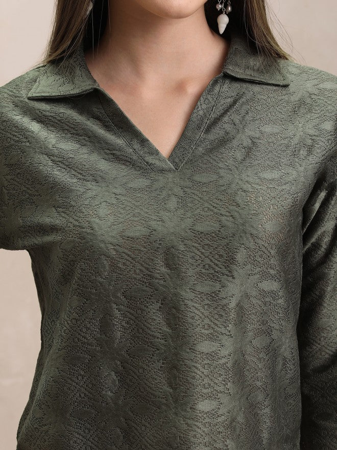 Tokyo Talkies Women Olive Self Design Regular Top - Olive - Image 5