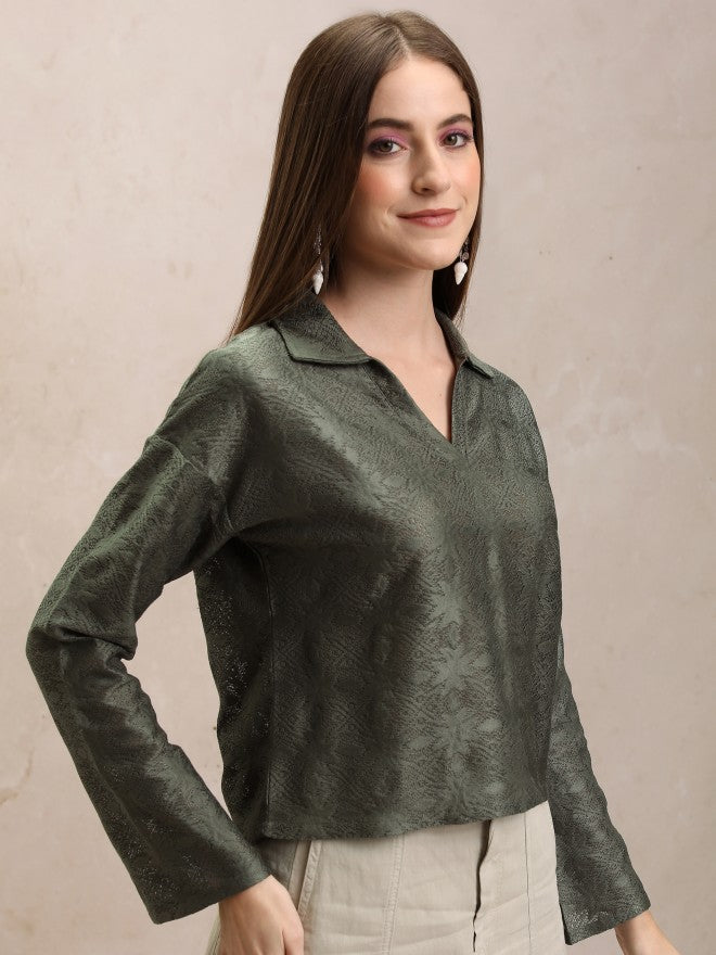Tokyo Talkies Women Olive Self Design Regular Top - Olive - Image 6