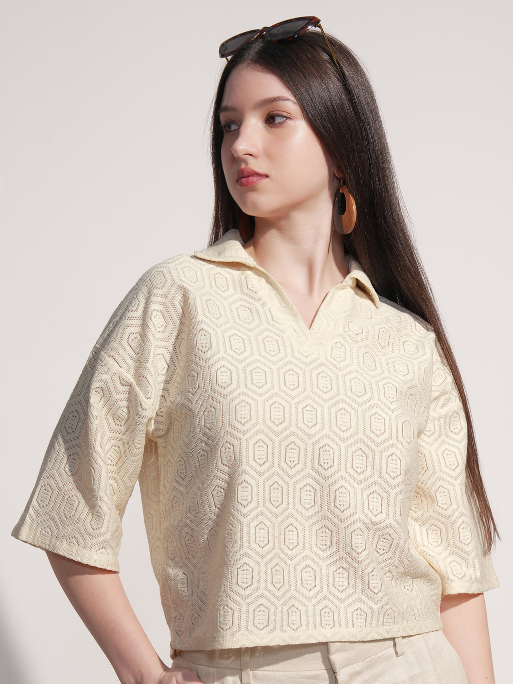 Tokyo Talkies Women Off White Self Design Regular Top - Off White - Image 1