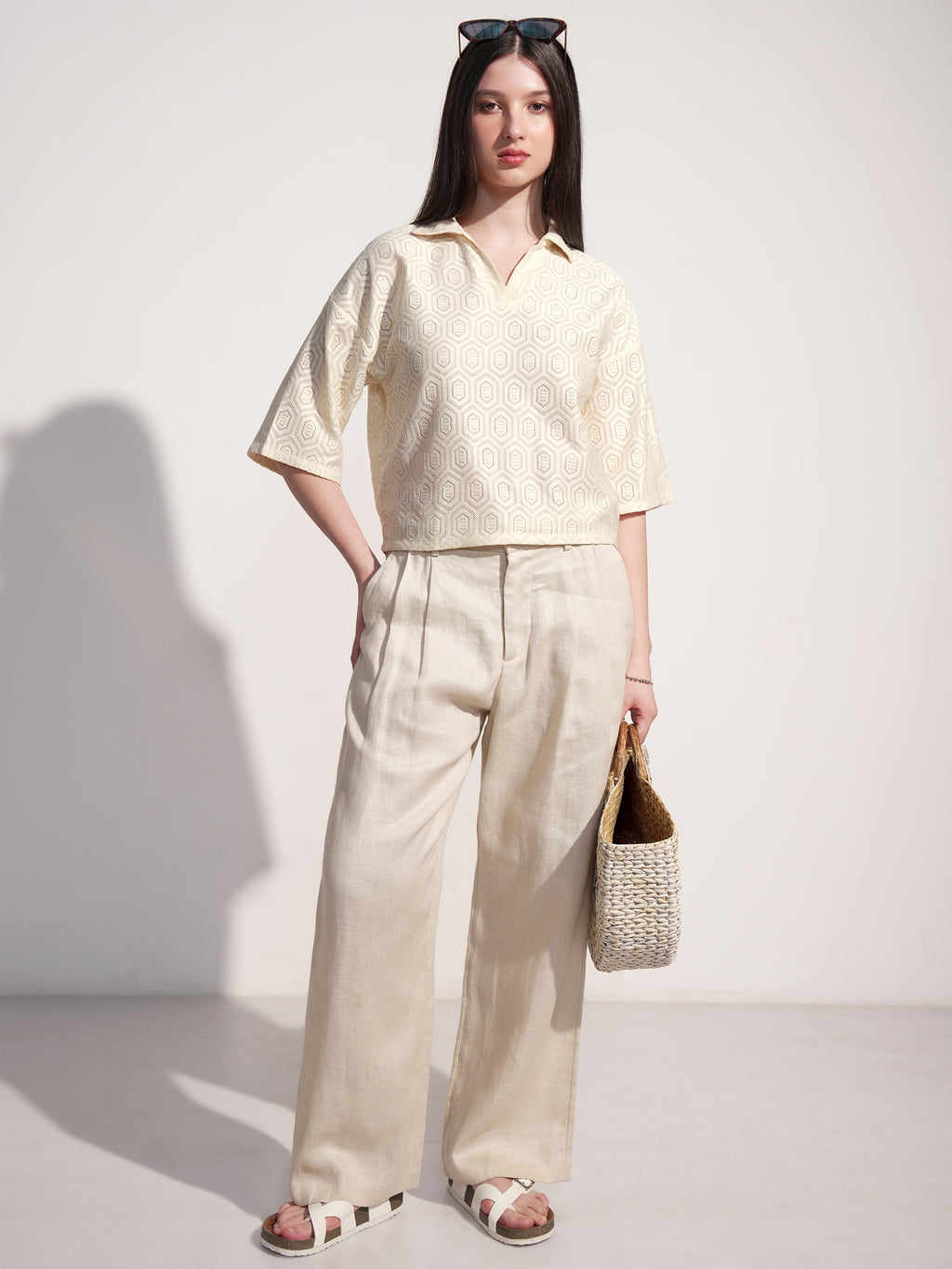 Tokyo Talkies Women Off White Self Design Regular Top - Off White - Image 2