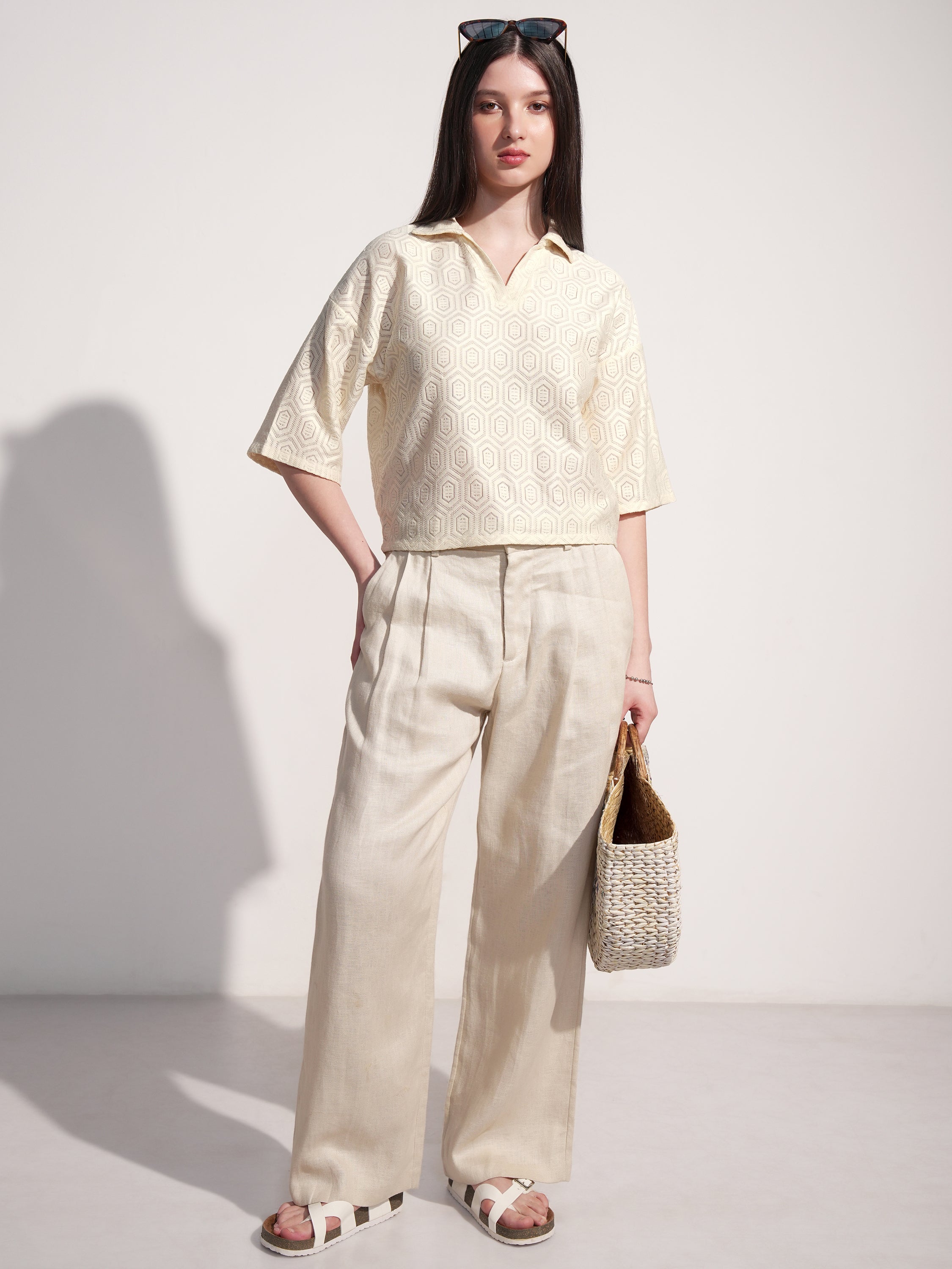Tokyo Talkies Women Off White Self Design Regular Top - Off White - Image 2