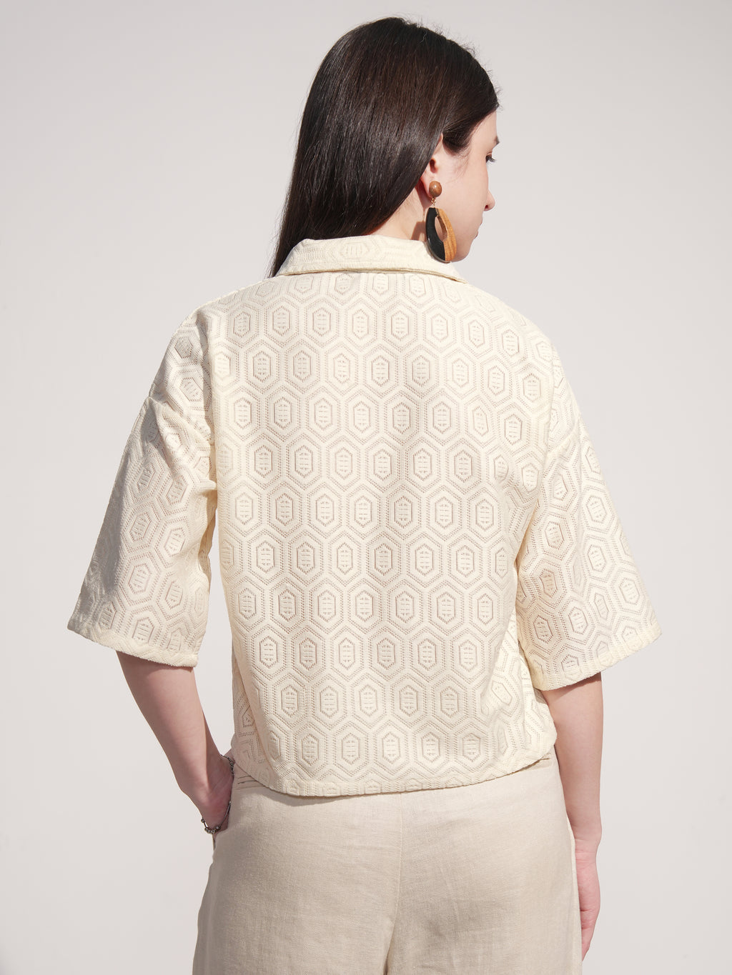 Tokyo Talkies Women Off White Self Design Regular Top - Off White - Image 3