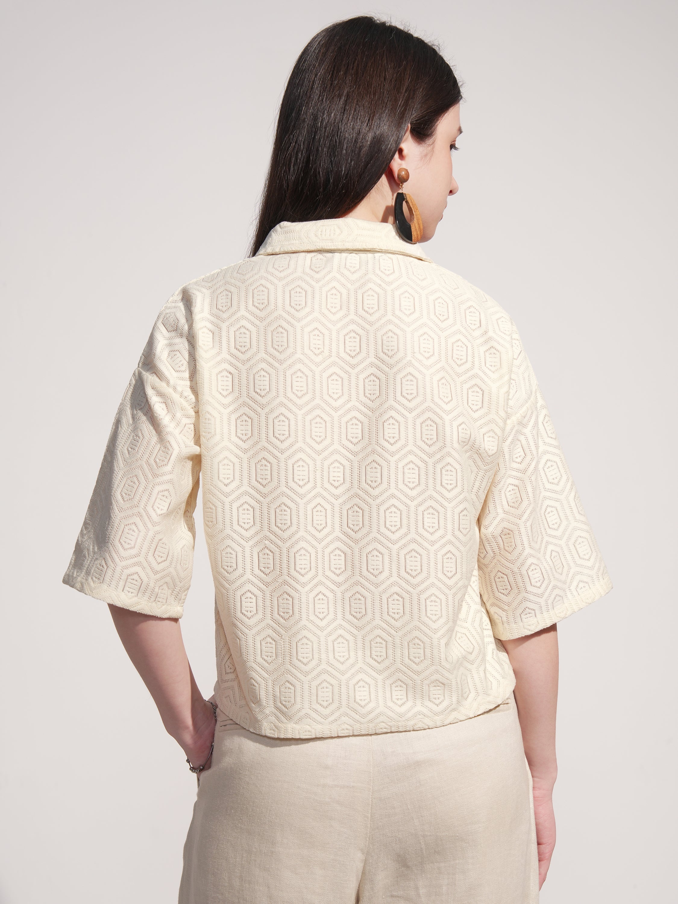 Tokyo Talkies Women Off White Self Design Regular Top - Off White - Image 3