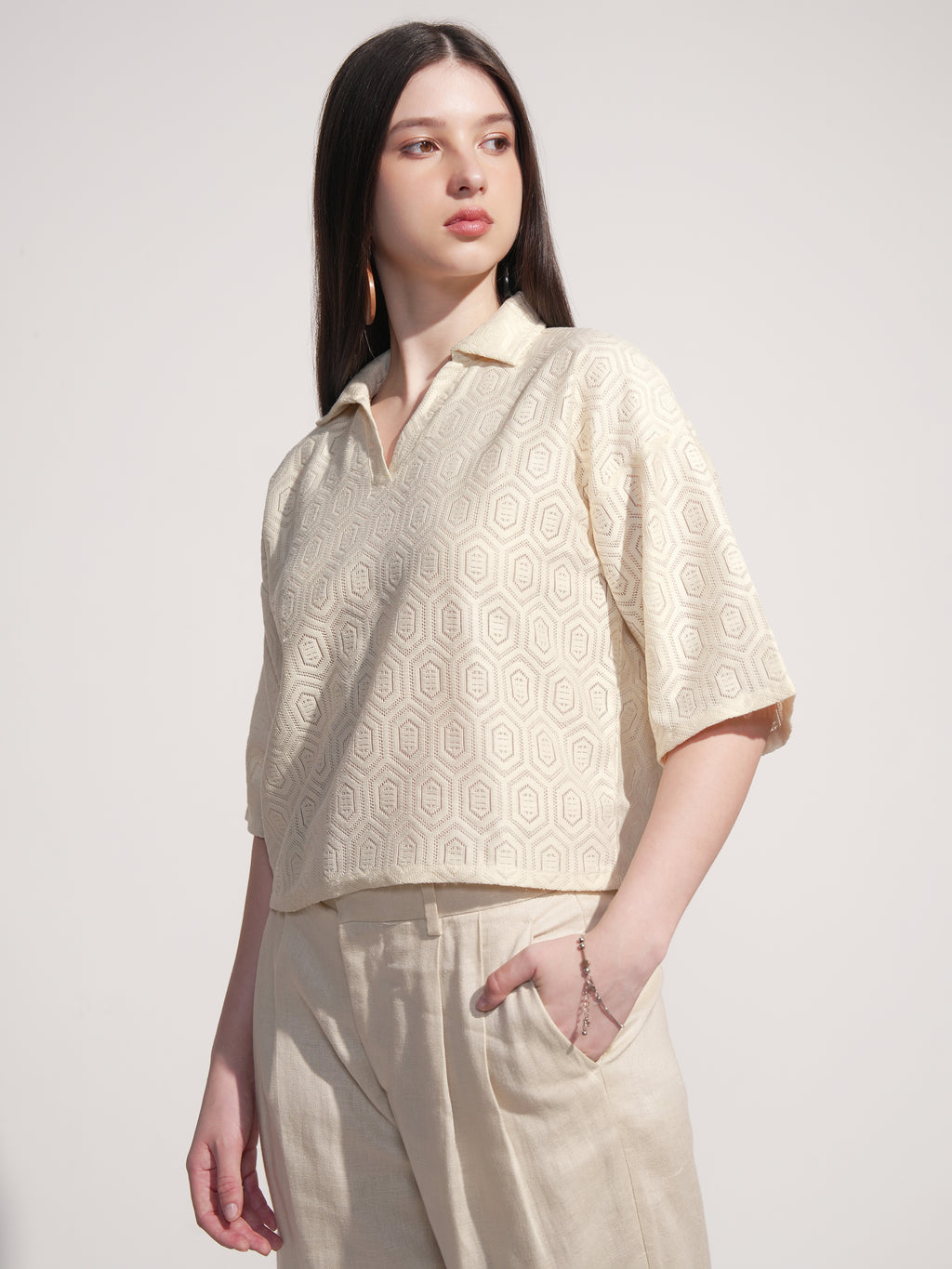 Tokyo Talkies Women Off White Self Design Regular Top - Off White - Image 4