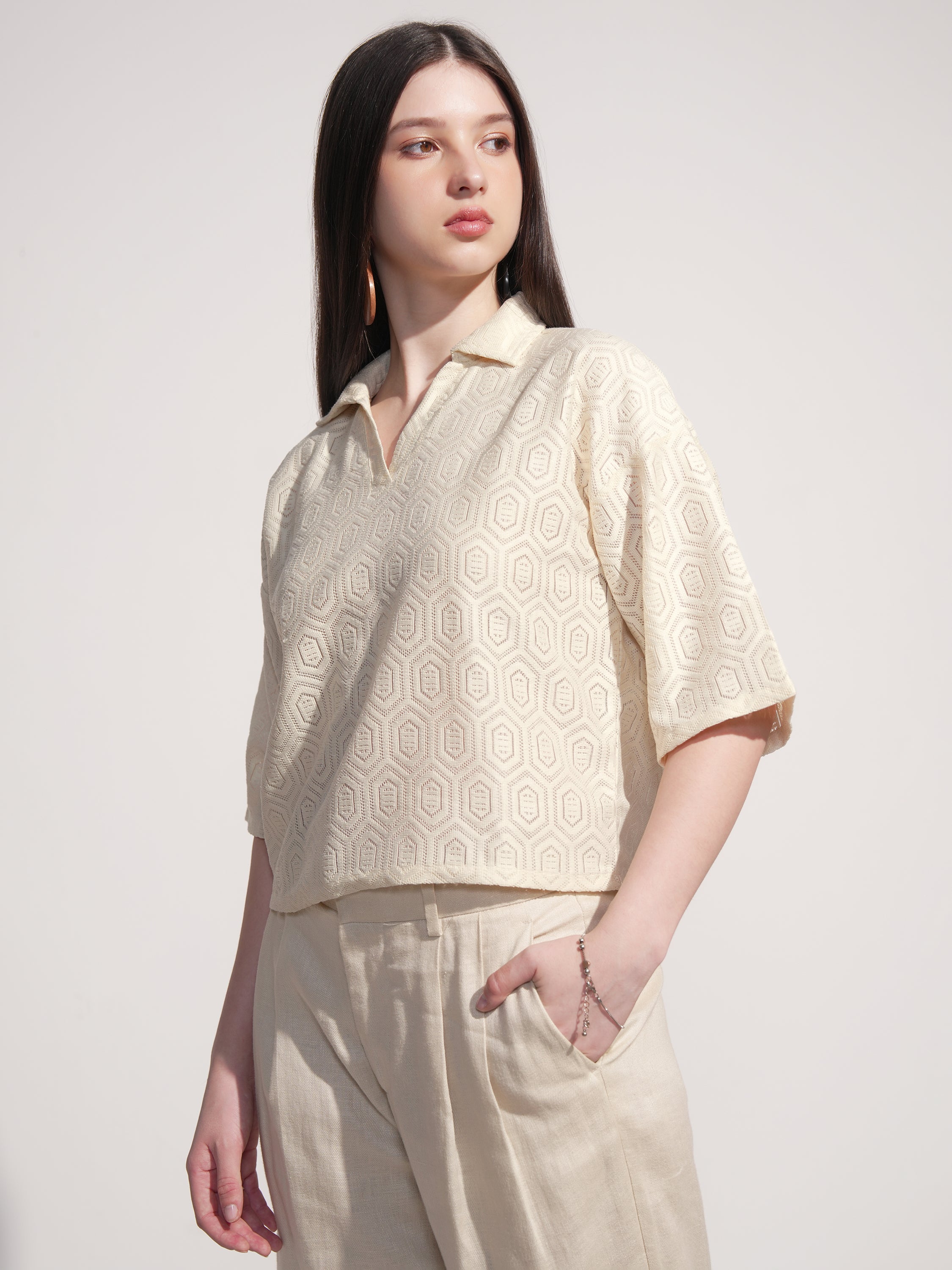 Tokyo Talkies Women Off White Self Design Regular Top - Off White - Image 4