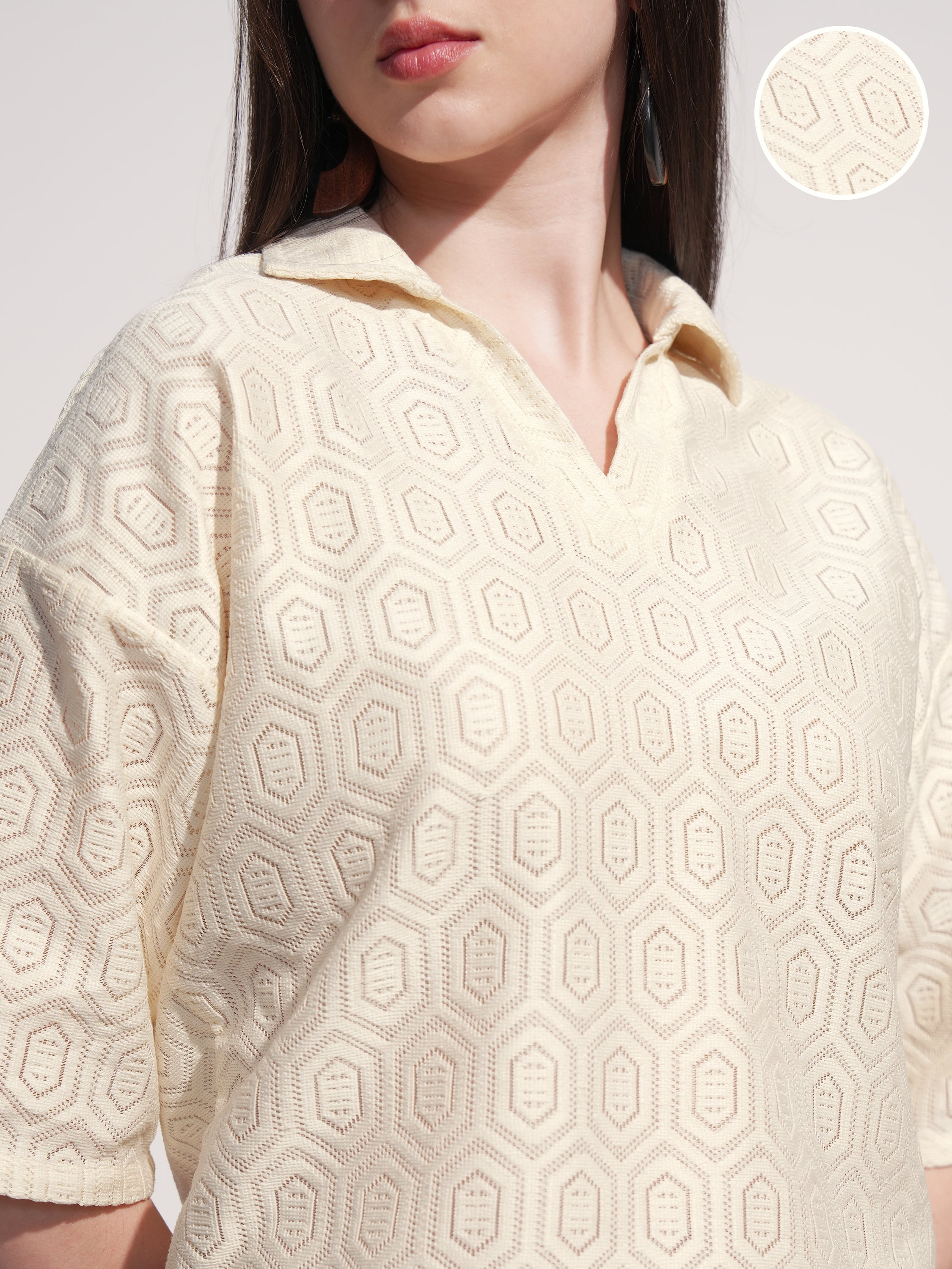 Tokyo Talkies Women Off White Self Design Regular Top - Off White - Image 5
