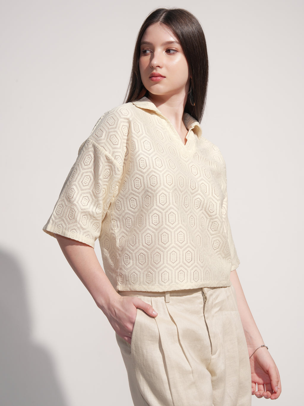 Tokyo Talkies Women Off White Self Design Regular Top - Off White - Image 6