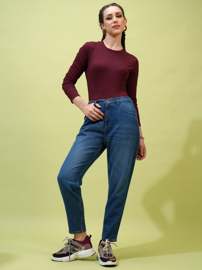 Tokyo Talkies Women Burgundy Solid Fitted Top - Burgundy - Image 2