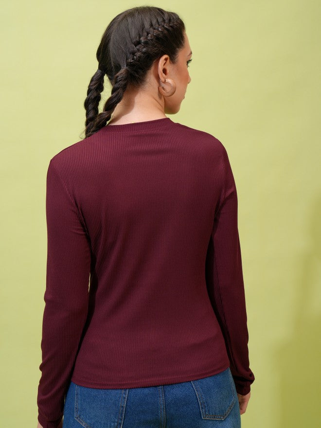 Tokyo Talkies Women Burgundy Solid Fitted Top - Burgundy - Image 3
