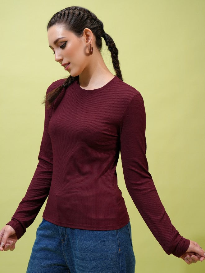 Tokyo Talkies Women Burgundy Solid Fitted Top - Burgundy - Image 4