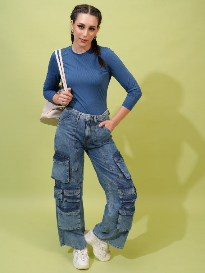 Tokyo Talkies Women Blue Solid Fitted Top - Blue - Image 2