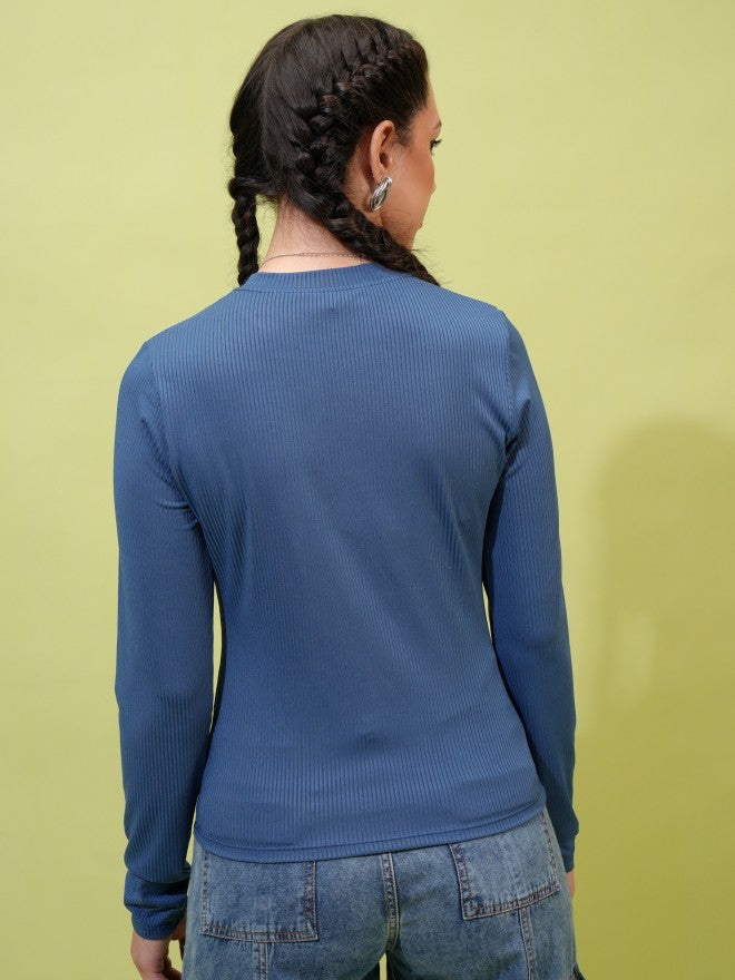 Tokyo Talkies Women Blue Solid Fitted Top - Blue - Image 3