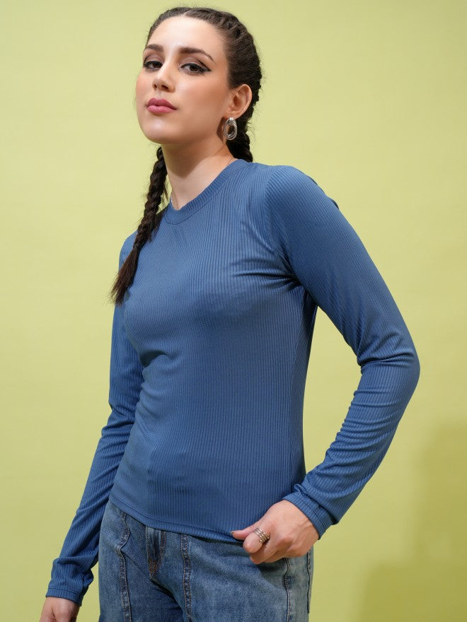 Tokyo Talkies Women Blue Solid Fitted Top - Blue - Image 4