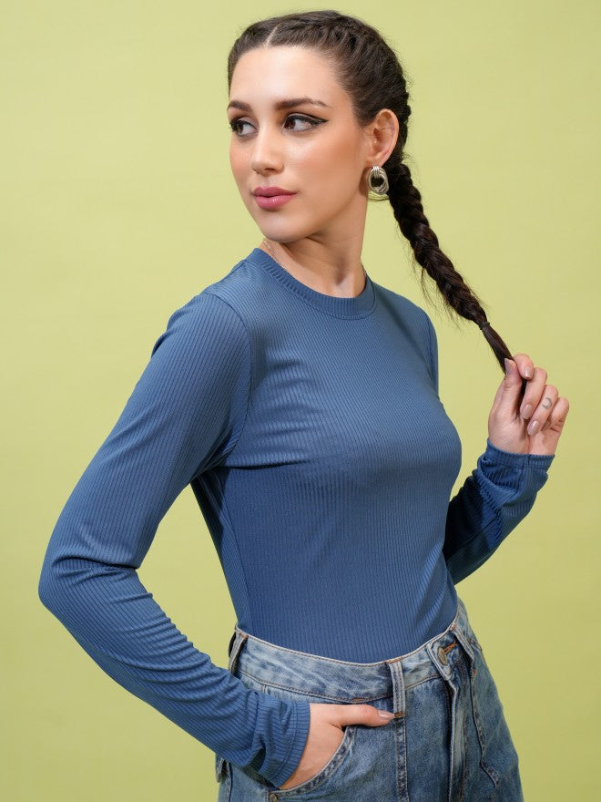 Tokyo Talkies Women Blue Solid Fitted Top - Blue - Image 6