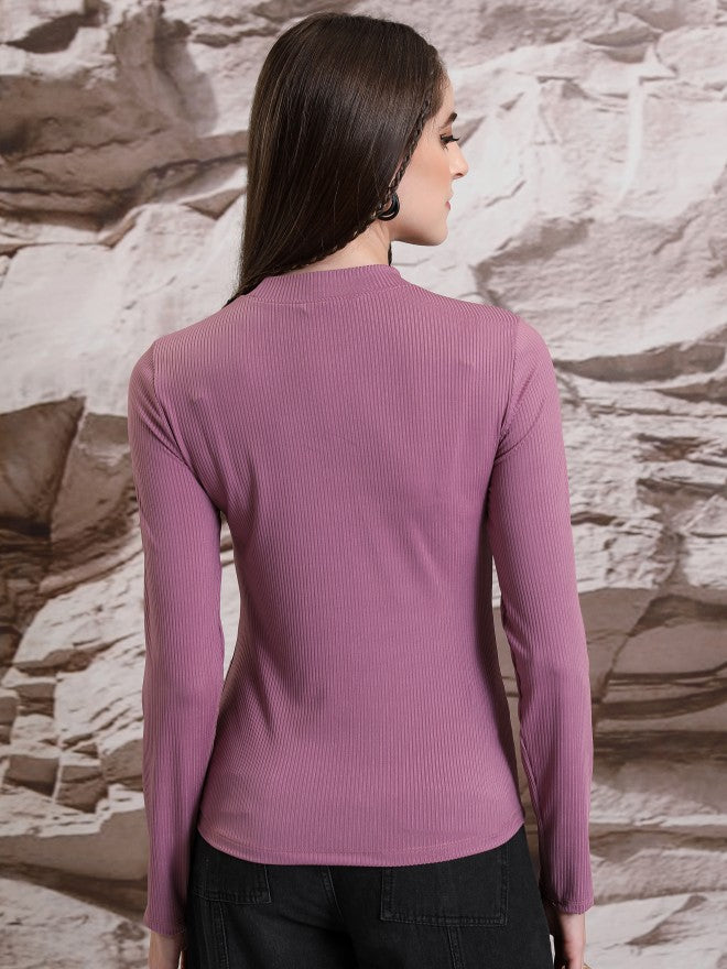 Tokyo Talkies Women Mauve Solid Fitted Top - Mauve - Image 3