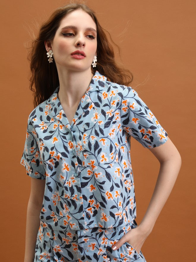Tokyo Talkies Women Blue Printed Shirt Style Top - Blue - Image 1