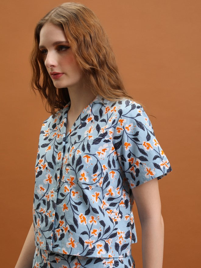 Tokyo Talkies Women Blue Printed Shirt Style Top - Blue - Image 4