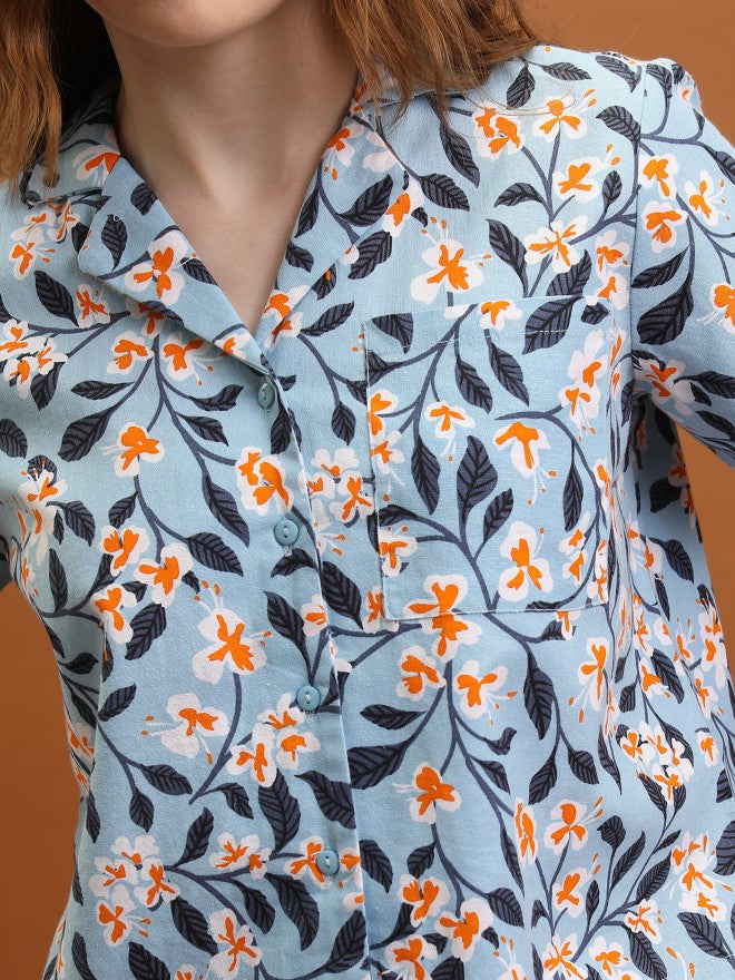 Tokyo Talkies Women Blue Printed Shirt Style Top - Blue - Image 5