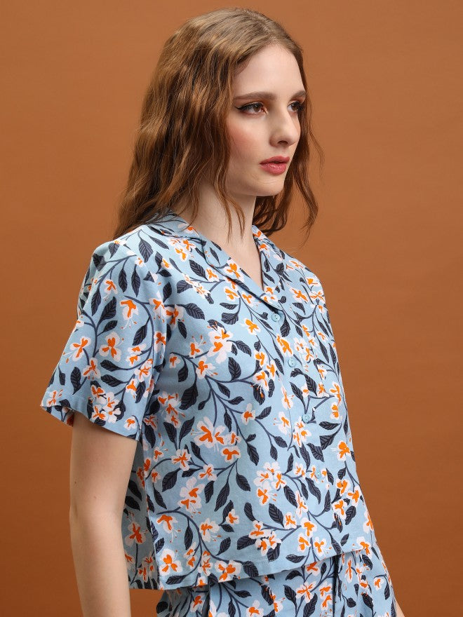 Tokyo Talkies Women Blue Printed Shirt Style Top - Blue - Image 6