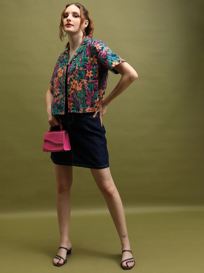 Tokyo Talkies Women Teal Printed Shirt Style Top - Teal - Image 2