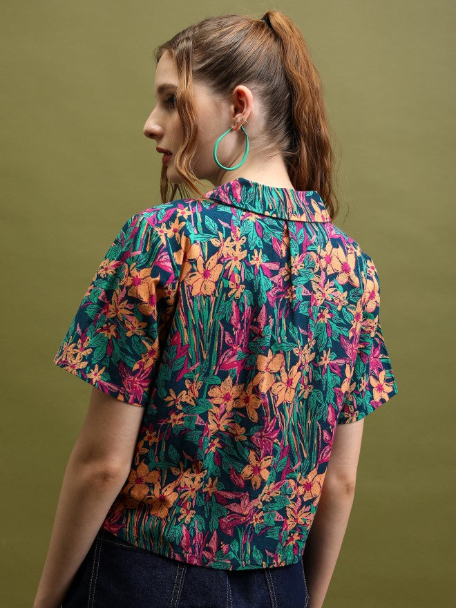 Tokyo Talkies Women Teal Printed Shirt Style Top - Teal - Image 3