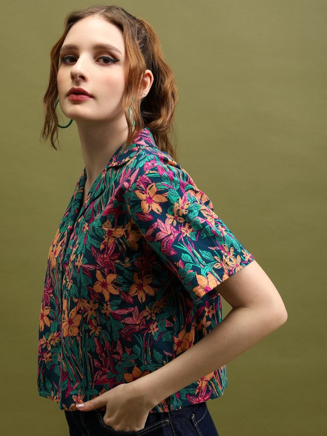 Tokyo Talkies Women Teal Printed Shirt Style Top - Teal - Image 4