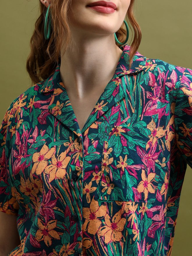 Tokyo Talkies Women Teal Printed Shirt Style Top - Teal - Image 5