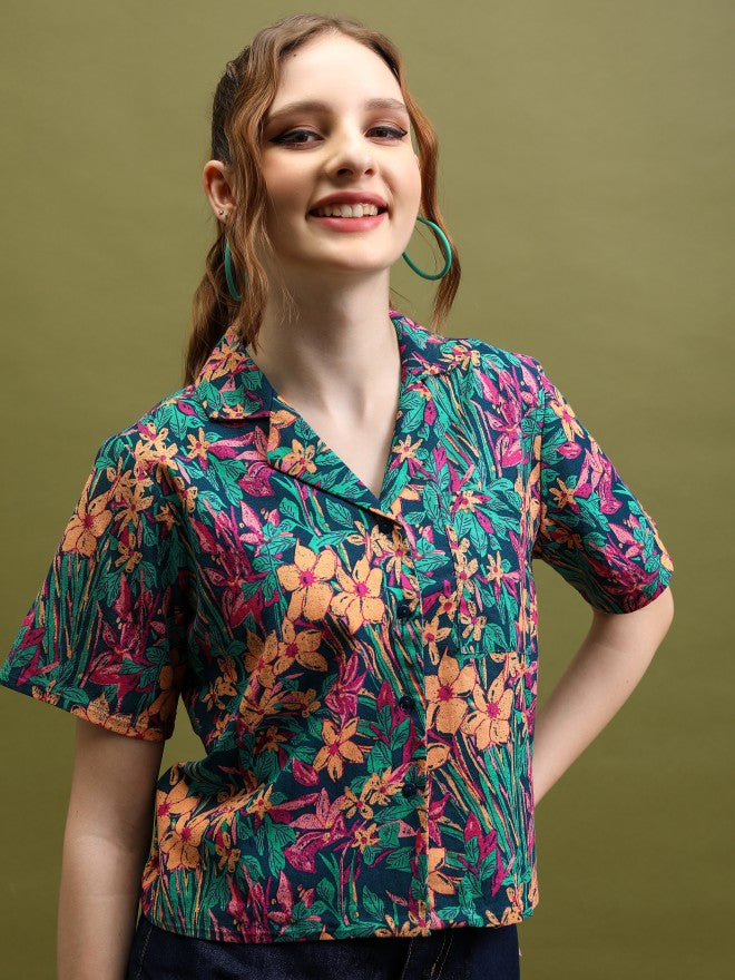 Tokyo Talkies Women Teal Printed Shirt Style Top - Teal - Image 6