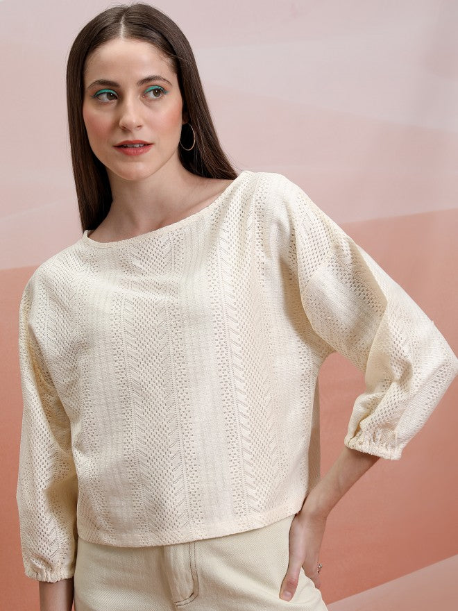 Tokyo Talkies Women Off White Self Design Regular Top - Off White - Image 1