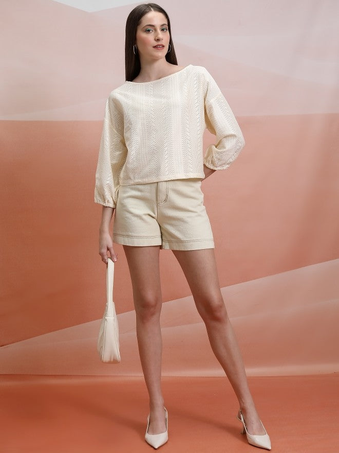 Tokyo Talkies Women Off White Self Design Regular Top - Off White - Image 2