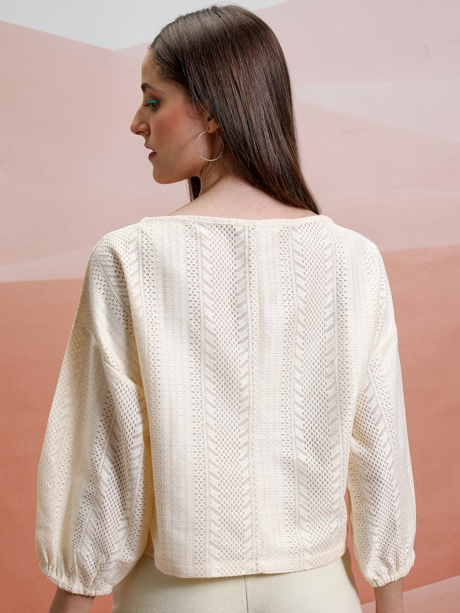 Tokyo Talkies Women Off White Self Design Regular Top - Off White - Image 3