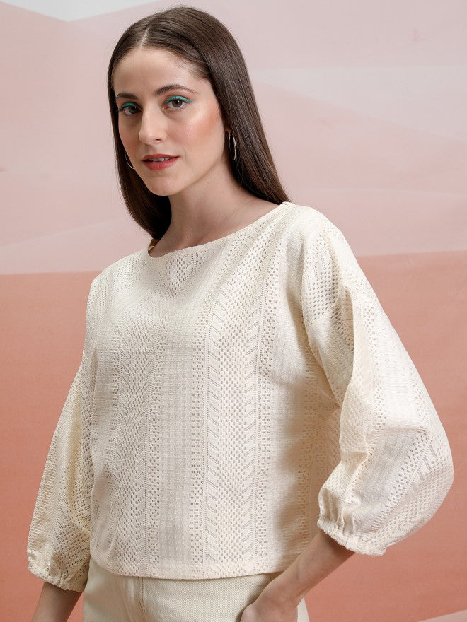 Tokyo Talkies Women Off White Self Design Regular Top - Off White - Image 4