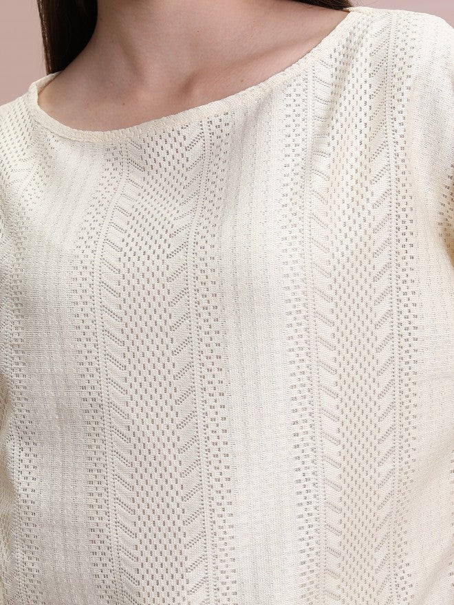 Tokyo Talkies Women Off White Self Design Regular Top - Off White - Image 5