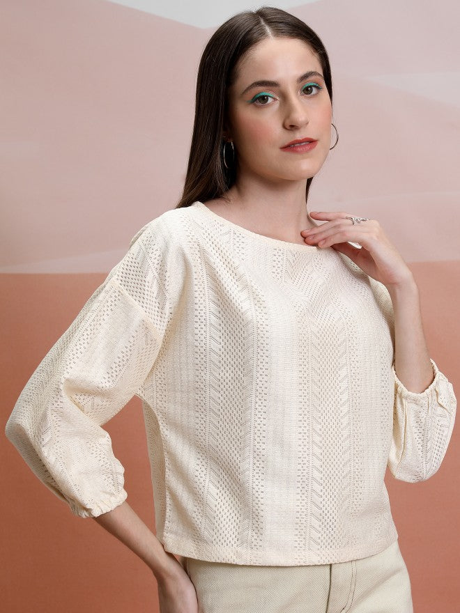Tokyo Talkies Women Off White Self Design Regular Top - Off White - Image 6