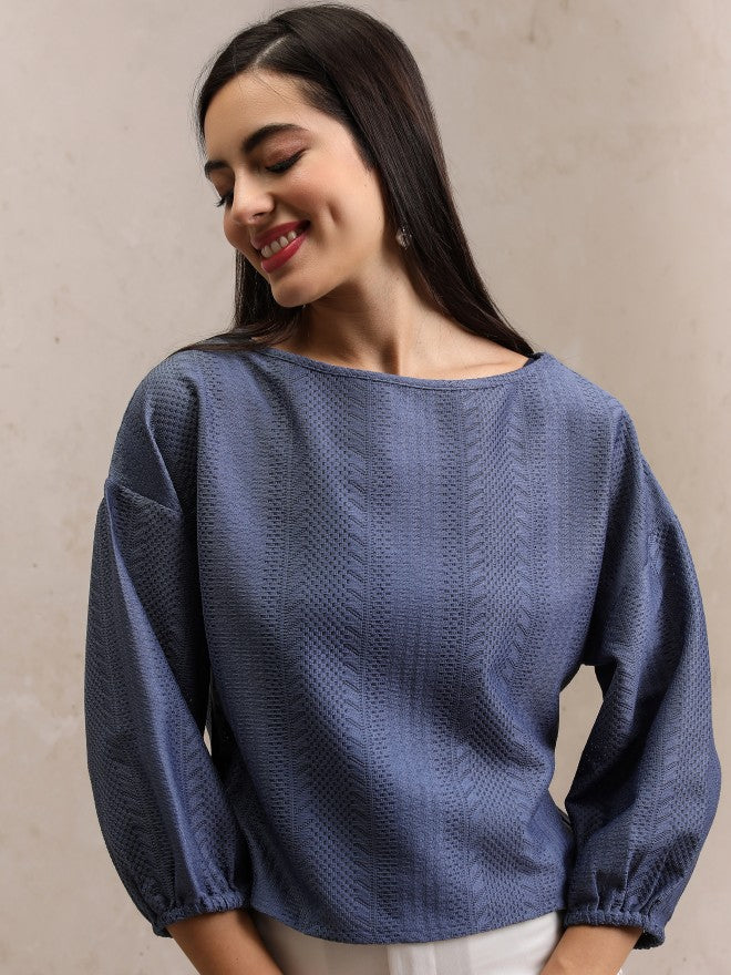 Tokyo Talkies Women Blue Self Design Regular Top - Blue - Image 1