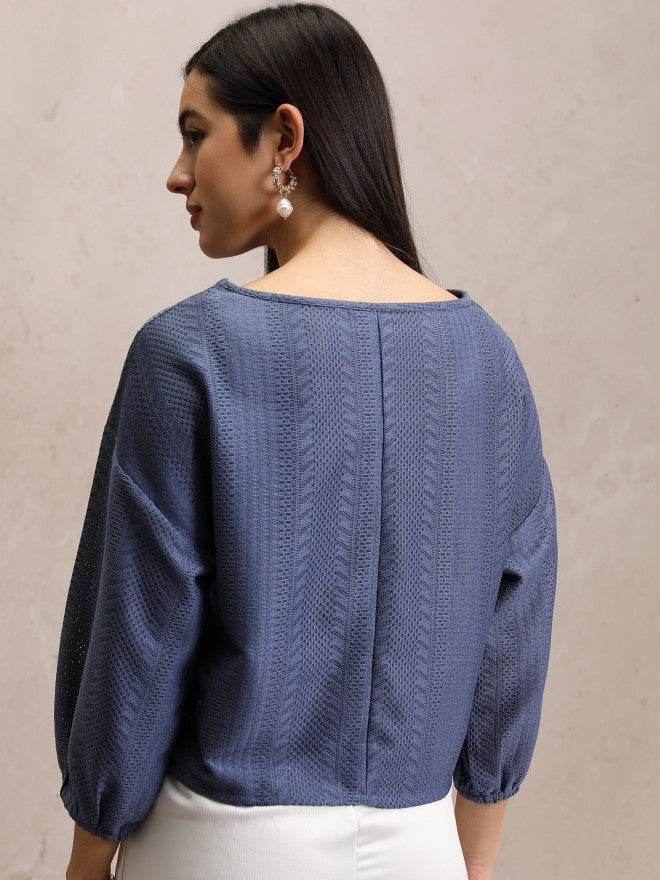 Tokyo Talkies Women Blue Self Design Regular Top - Blue - Image 3