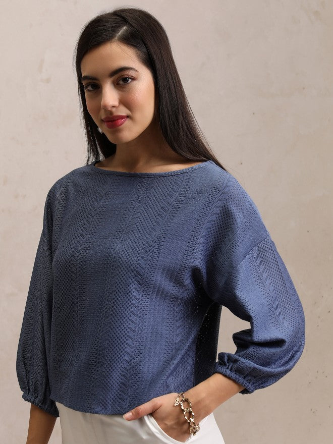 Tokyo Talkies Women Blue Self Design Regular Top - Blue - Image 4
