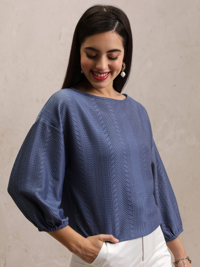 Tokyo Talkies Women Blue Self Design Regular Top - Blue - Image 6
